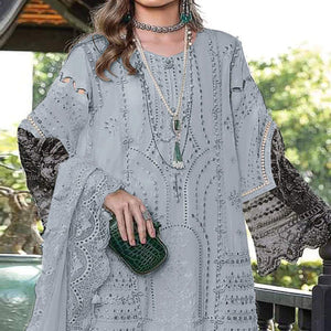 Grey Floral Embroidered Georgette Semi Stitched Pakistani Suit