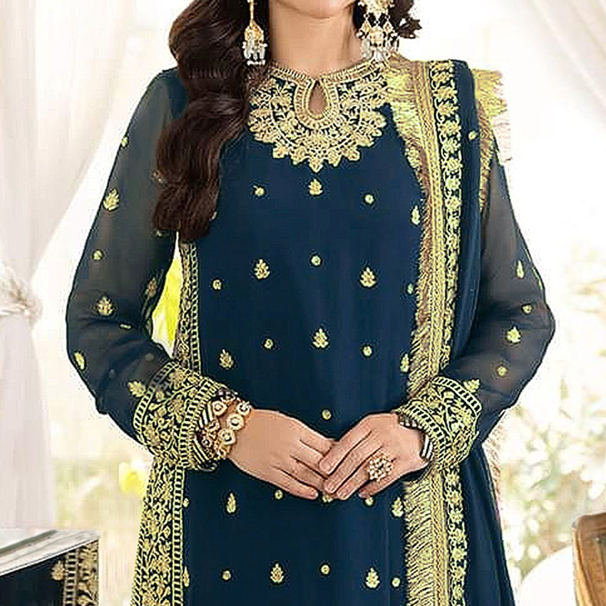 Blue Floral Embroidered Georgette Semi Stitched Pakistani Suit