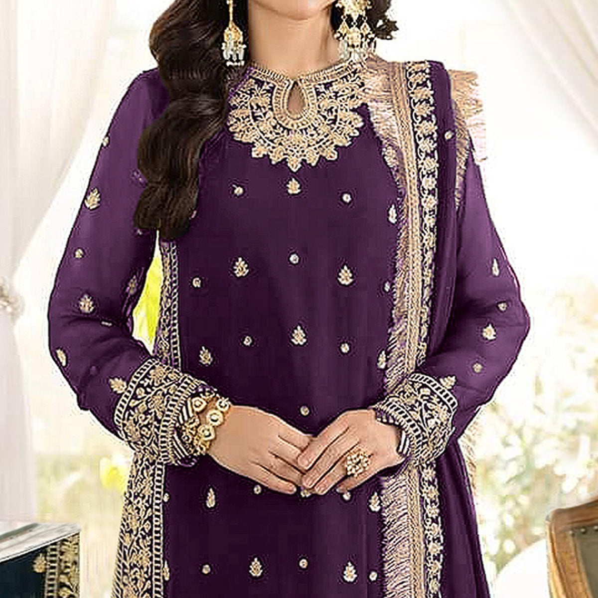 Purple Floral Embroidered Georgette Semi Stitched Pakistani Suit