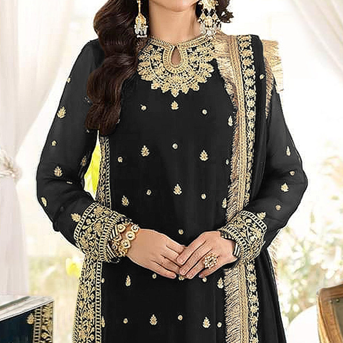 Black Floral Embroidered Georgette Semi Stitched Pakistani Suit