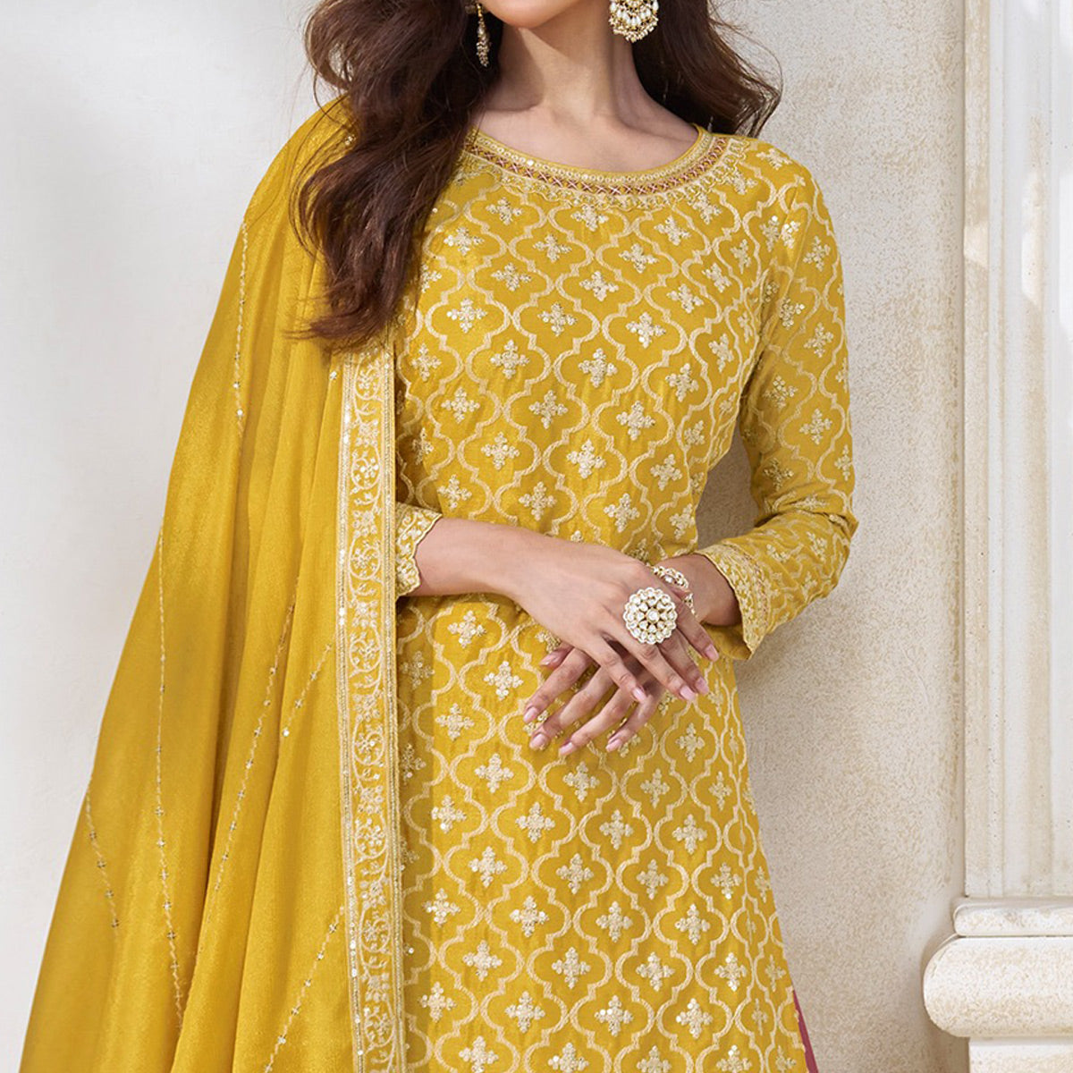 Yellow Embroidered Chinon Semi Stitched Sharara Suit