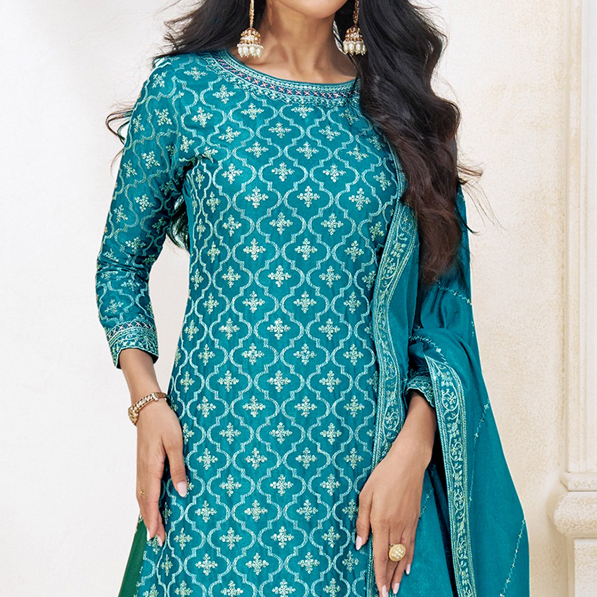 Blue Embroidered Chinon Semi Stitched Sharara Suit