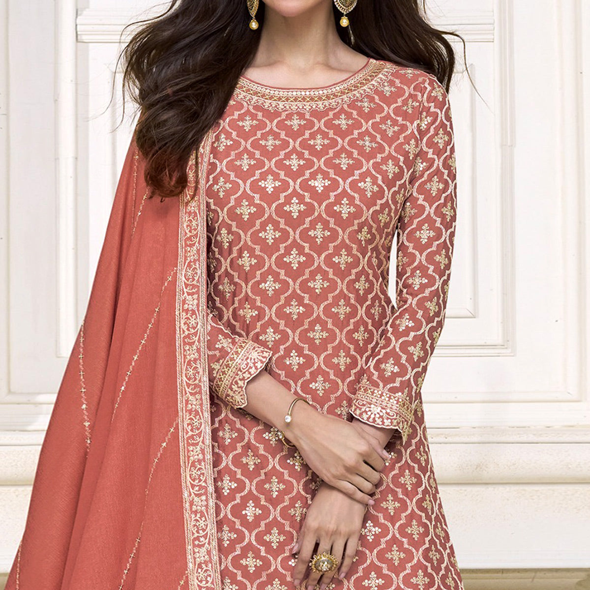 Peach Embroidered Chinon Semi Stitched Sharara Suit