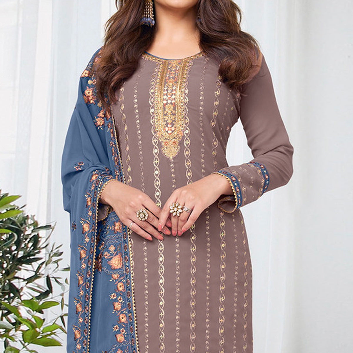 Brown Embroidered Georgette Semi Stitched Salwar Suit
