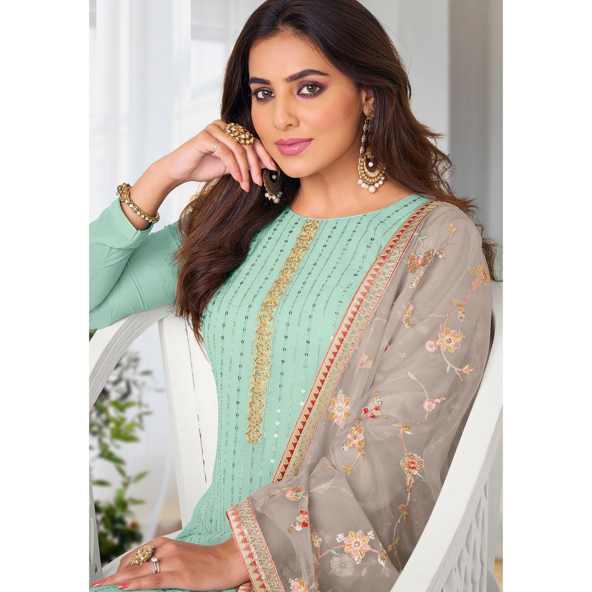 Sea Green Embroidered Georgette Semi Stitched Salwar Suit