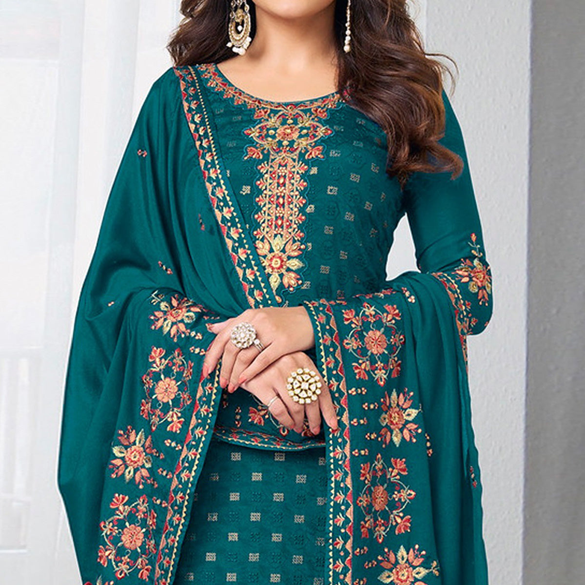 Teal Embroidered Georgette Semi Stitched Salwar Suit