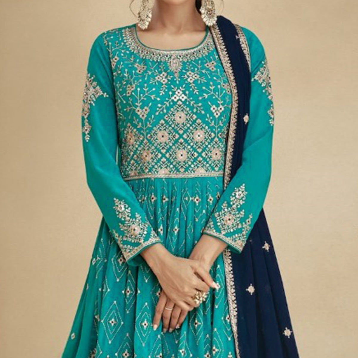 Rama Blue & Navy Blue Embroidered Georgette Semi Stitched Sharara Suit