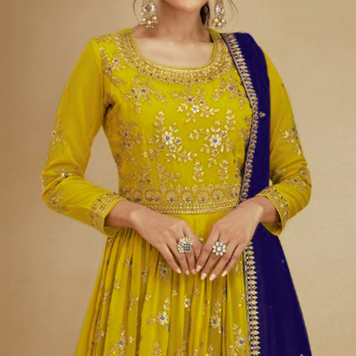 Yellow & Purple Embroidered Georgette Semi Stitched Sharara Suit