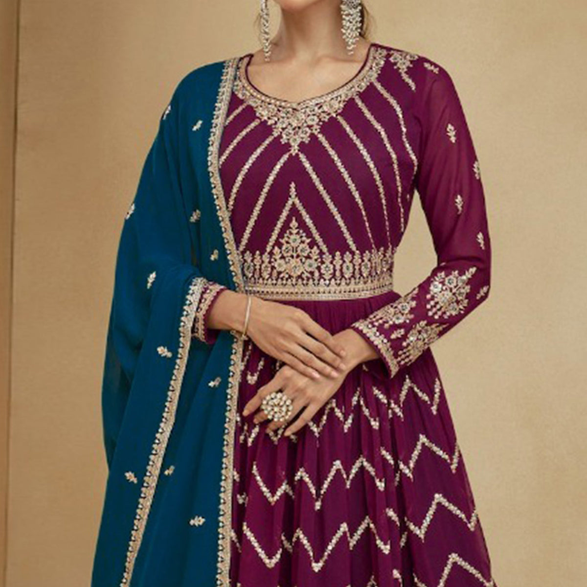 Burgundy & Teal Blue Embroidered Georgette Semi Stitched Sharara Suit