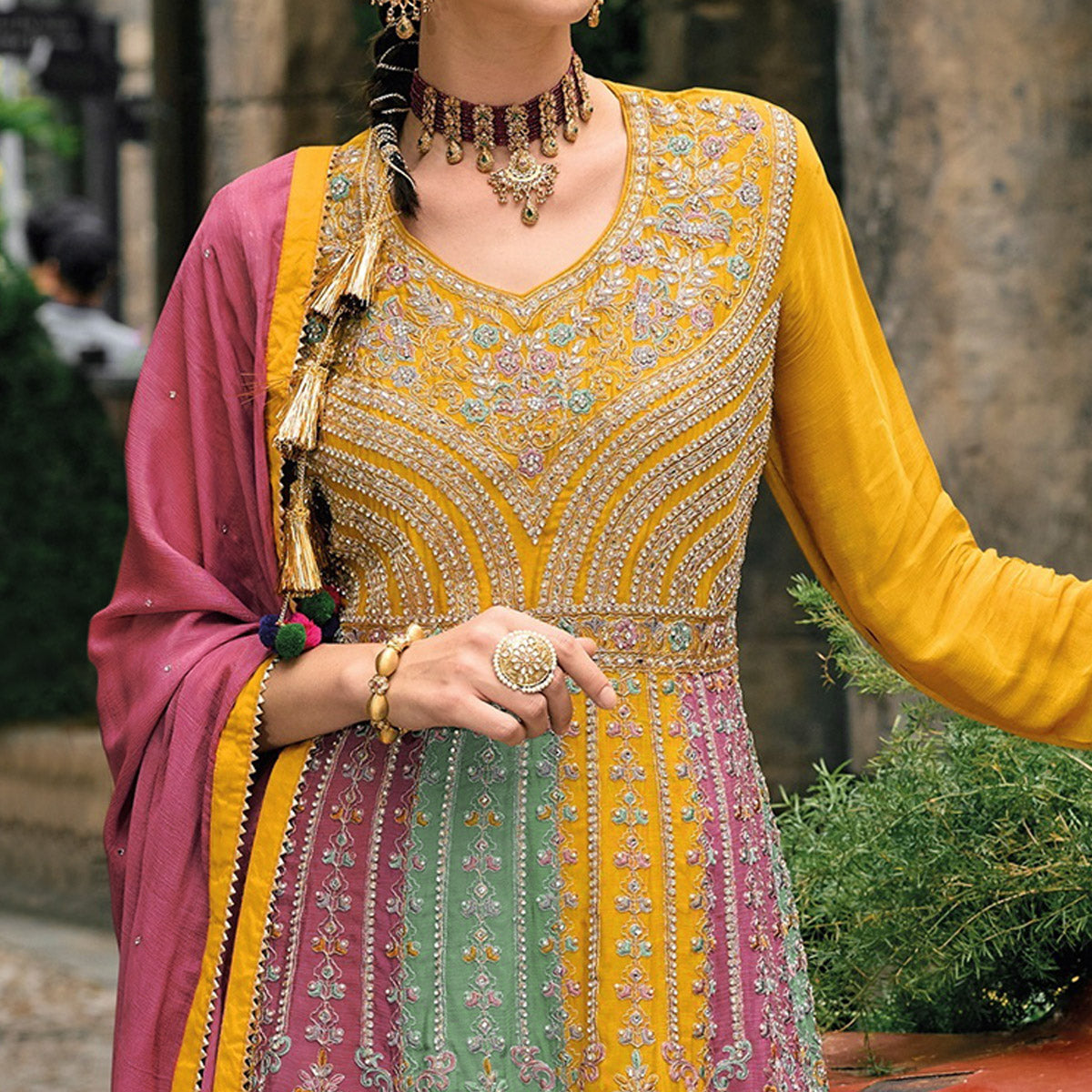 Yellow Embroidered Chinon Semi Stitched Sharara Suit