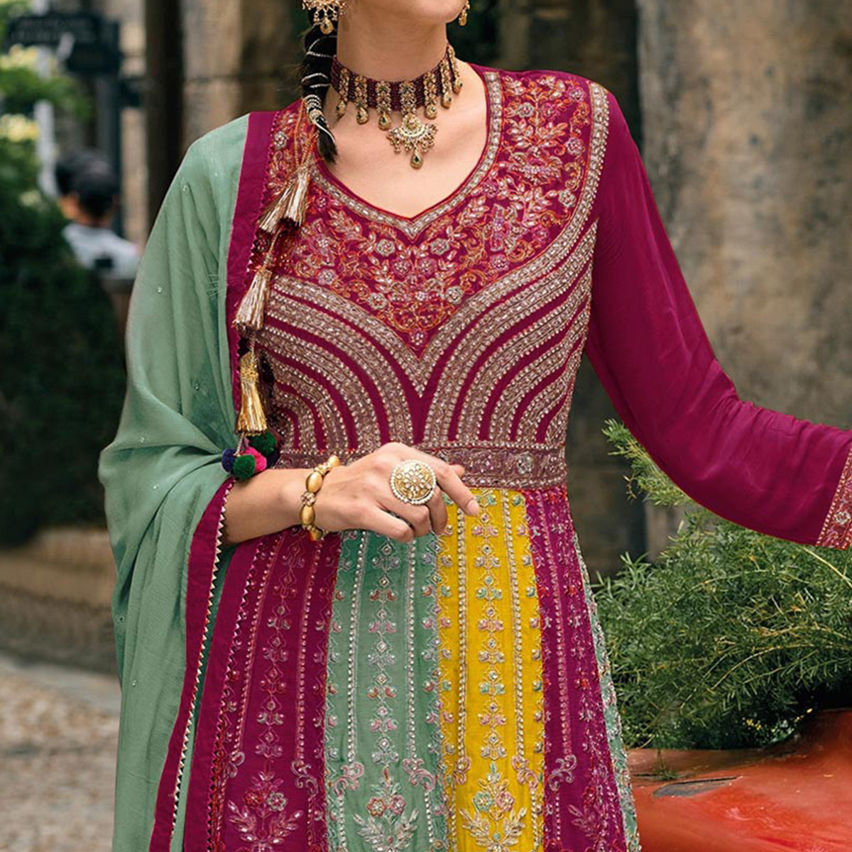 Pink Embroidered Chinon Semi Stitched Sharara Suit