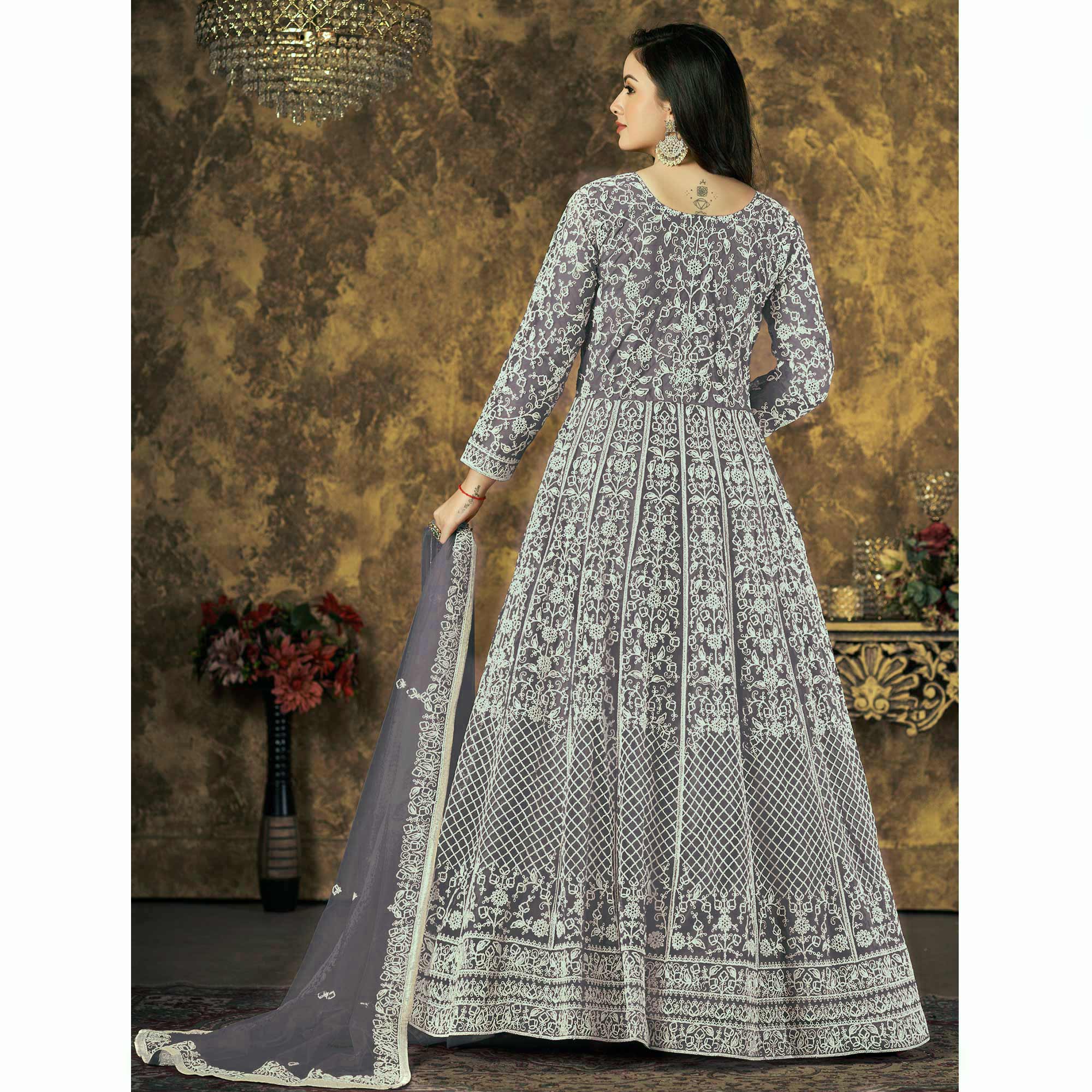 Purple Floral Embroidered Net Semi Stitched Anarkali Suit