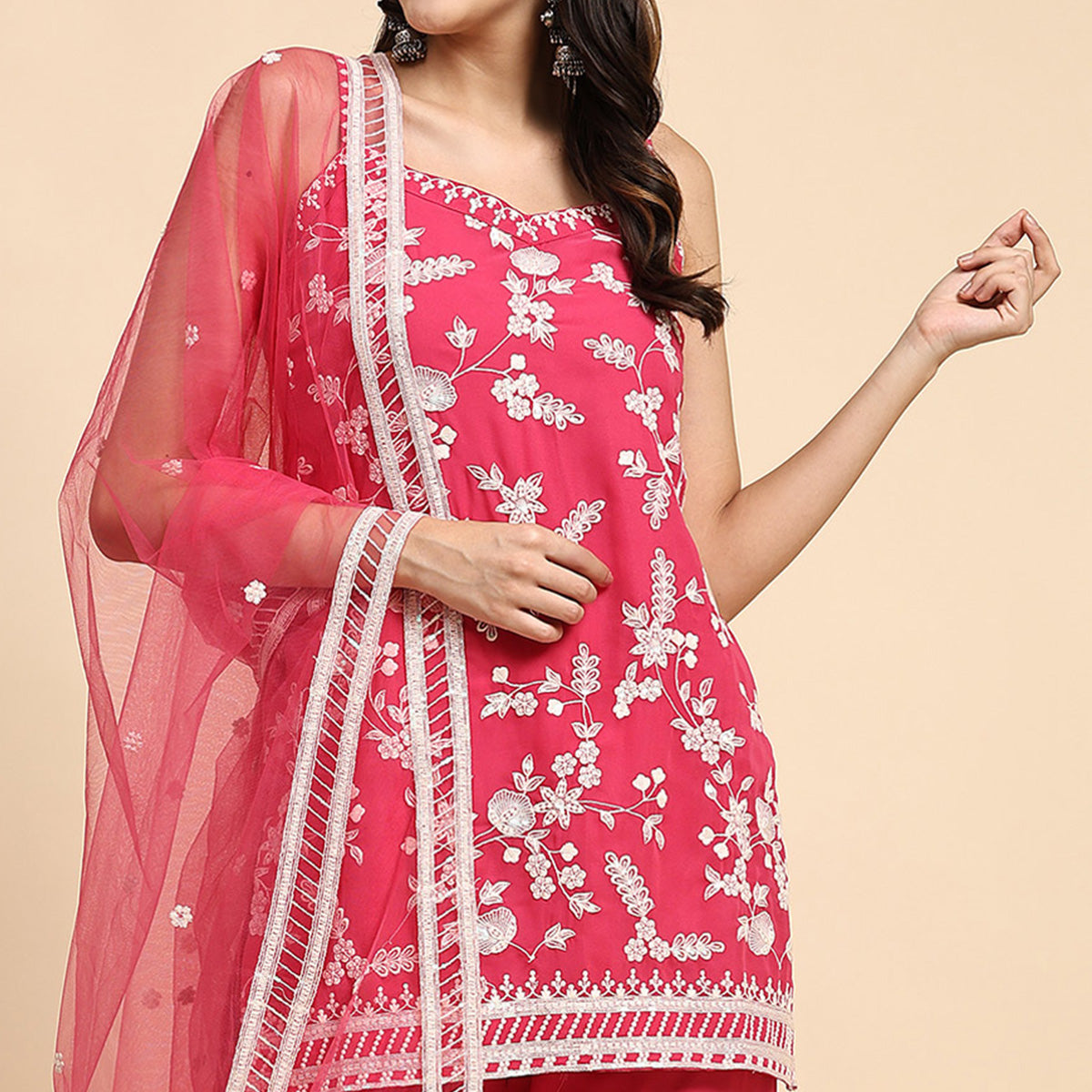 Pink Floral Sequins Embroidered Georgette Semi Stitched Suit