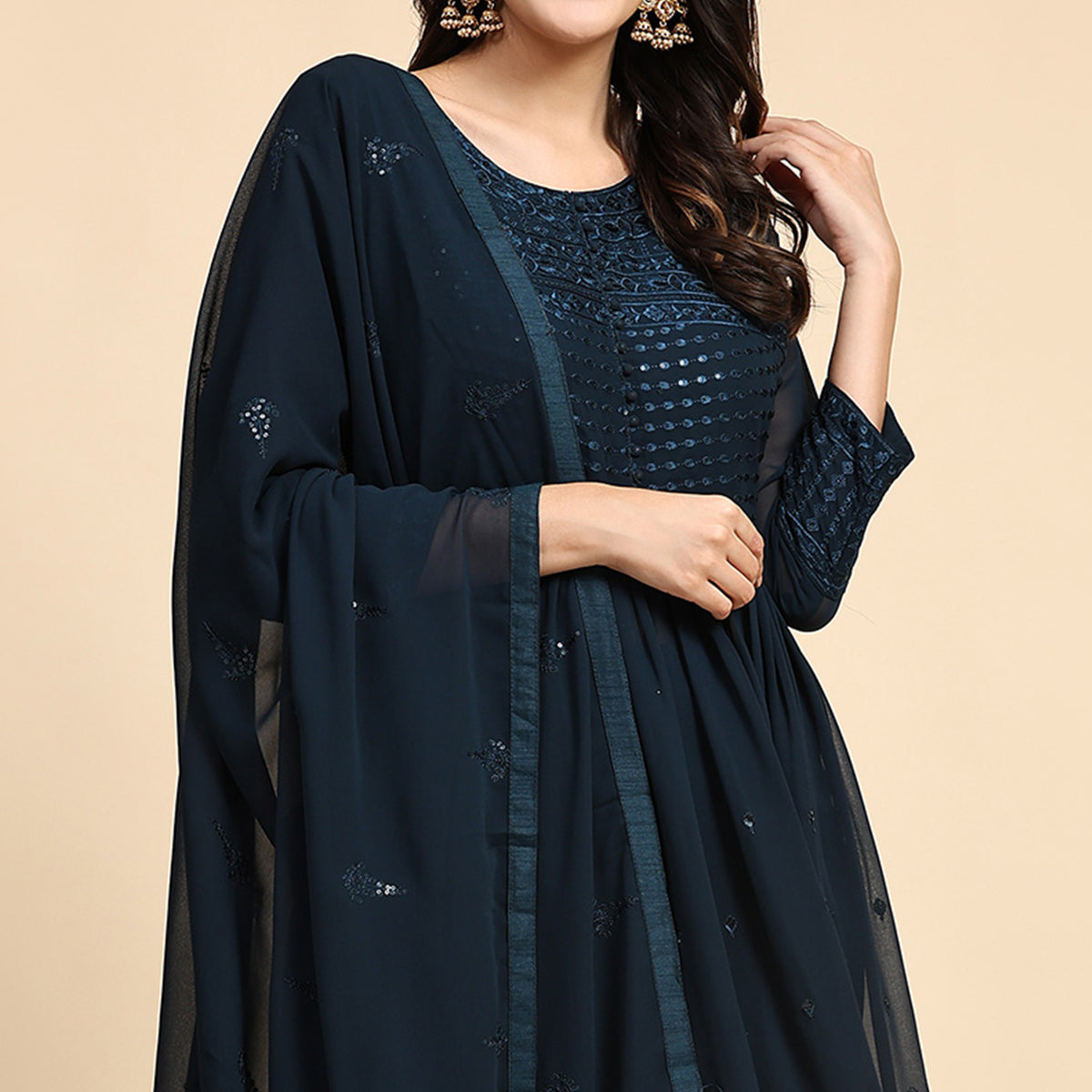 Blue Sequins Embroidered Georgette Semi Stitched Suit