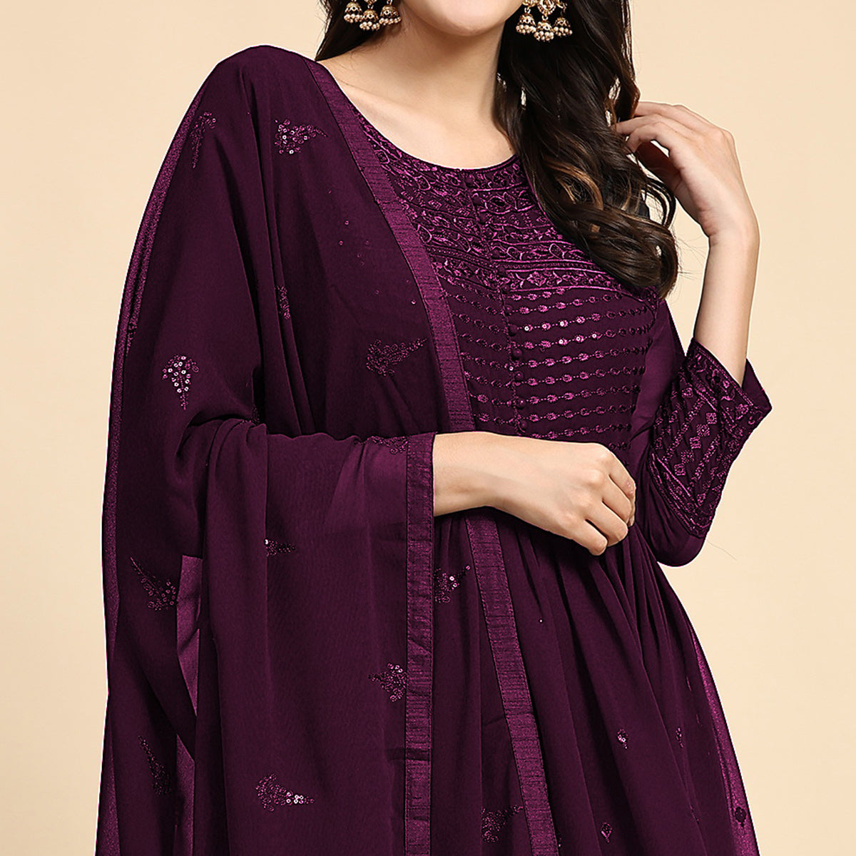 Wine Sequins Embroidered Georgette Semi Stitched Suit