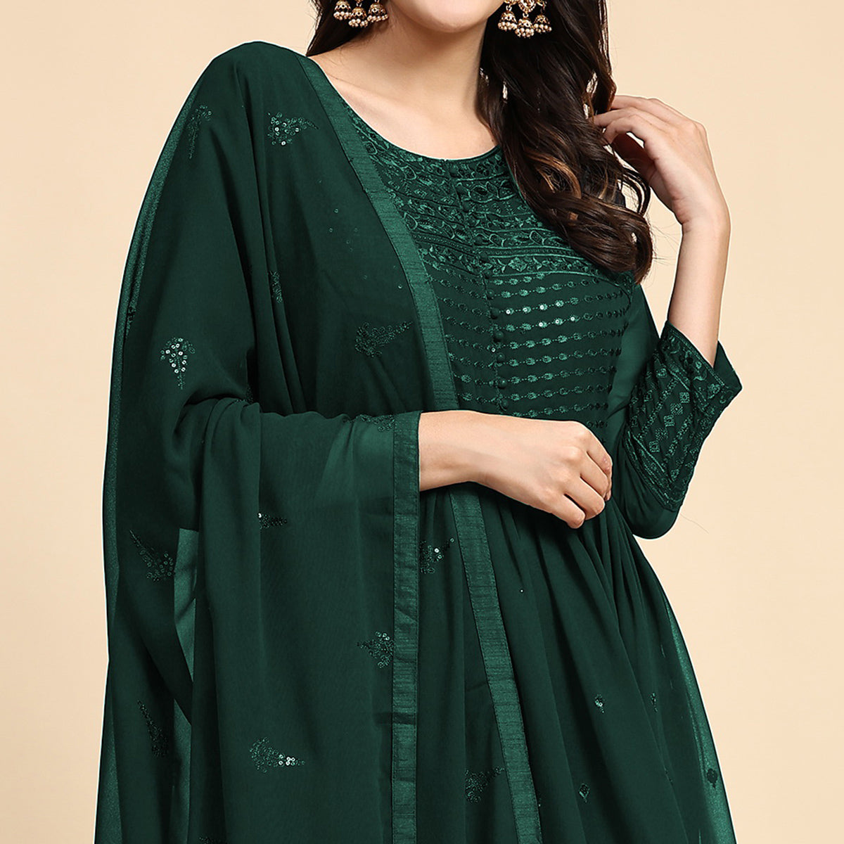 Green Sequins Embroidered Georgette Semi Stitched Suit