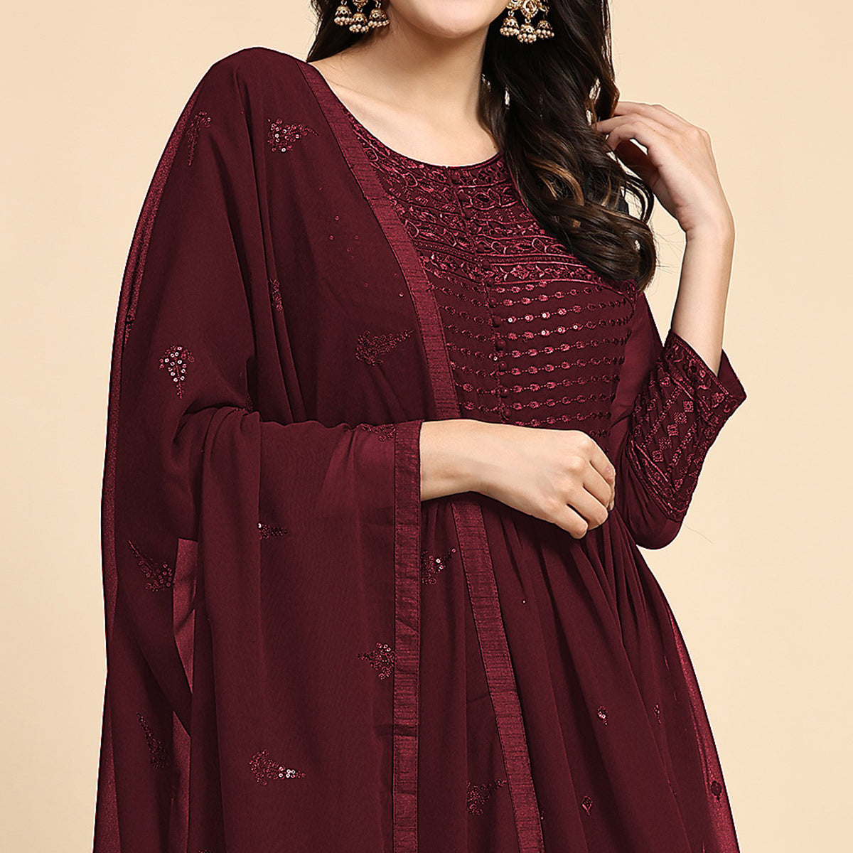 Maroon Sequins Embroidered Georgette Semi Stitched Suit
