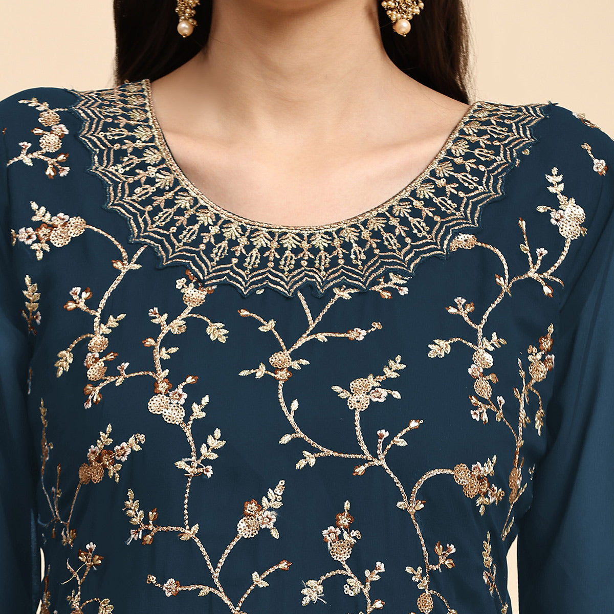 Blue Floral Embroidered Georgette Semi Stiched Suit