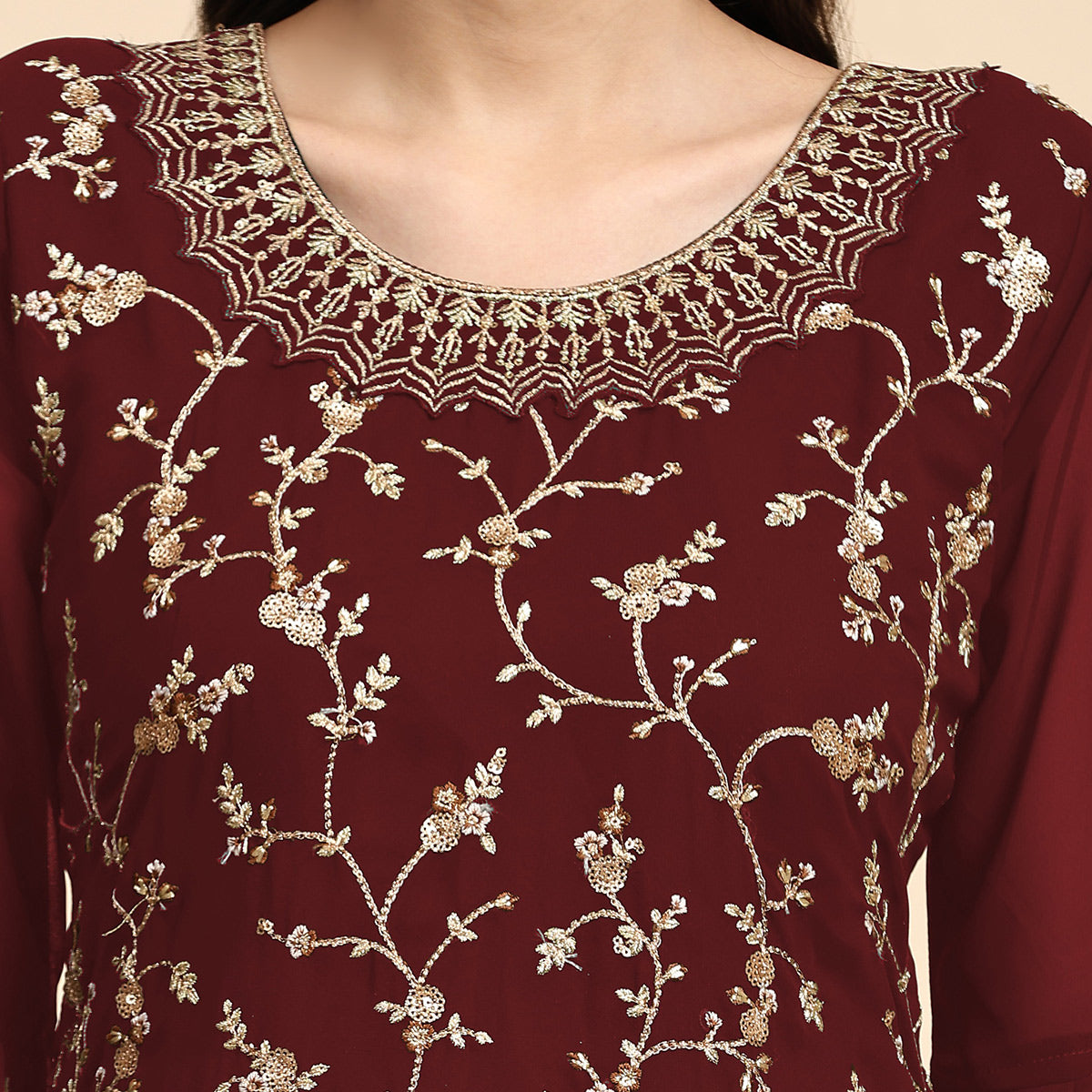 Maroon Floral Embroidered Georgette Semi Stitched Suit