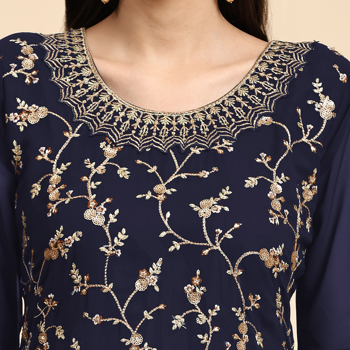 Navy Blue Floral Embroidered Georgette Semi Stitched Suit