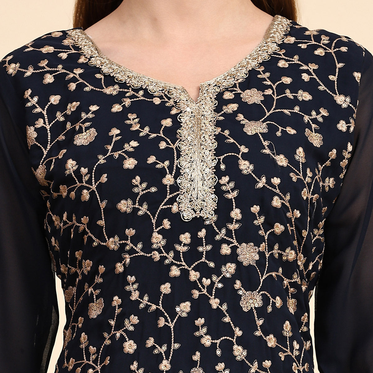 Navy Blue Embroidered Georgette Semi Stitched Suit