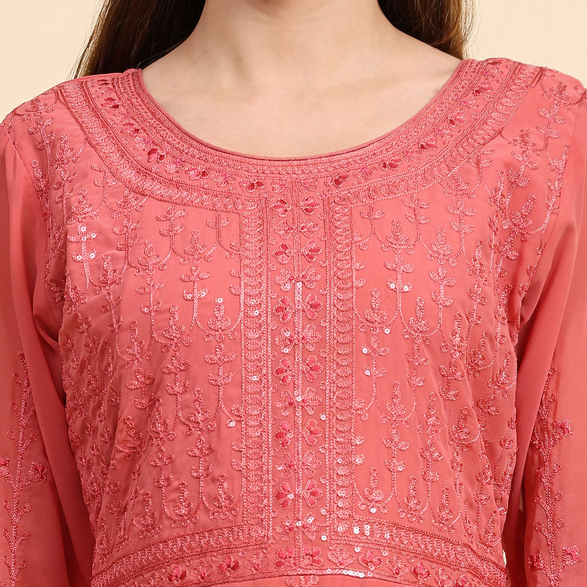 Peach Embroidered Georgette Semi Stitched Anarkali Suit