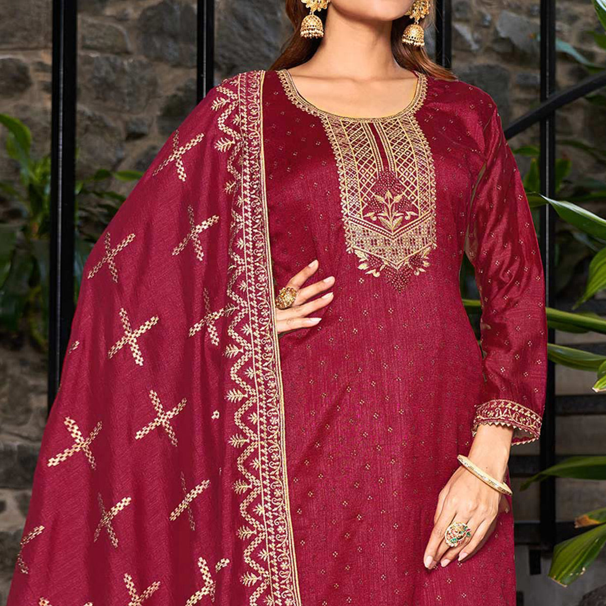 Red Embroidered Vichitra Silk Semi Stitched Salwar Suit