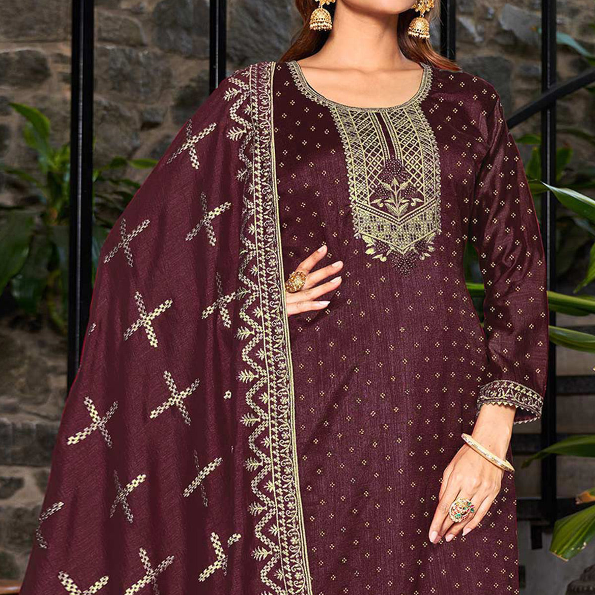 Wine Embroidered Vichitra Silk Semi Stitched Salwar Suit