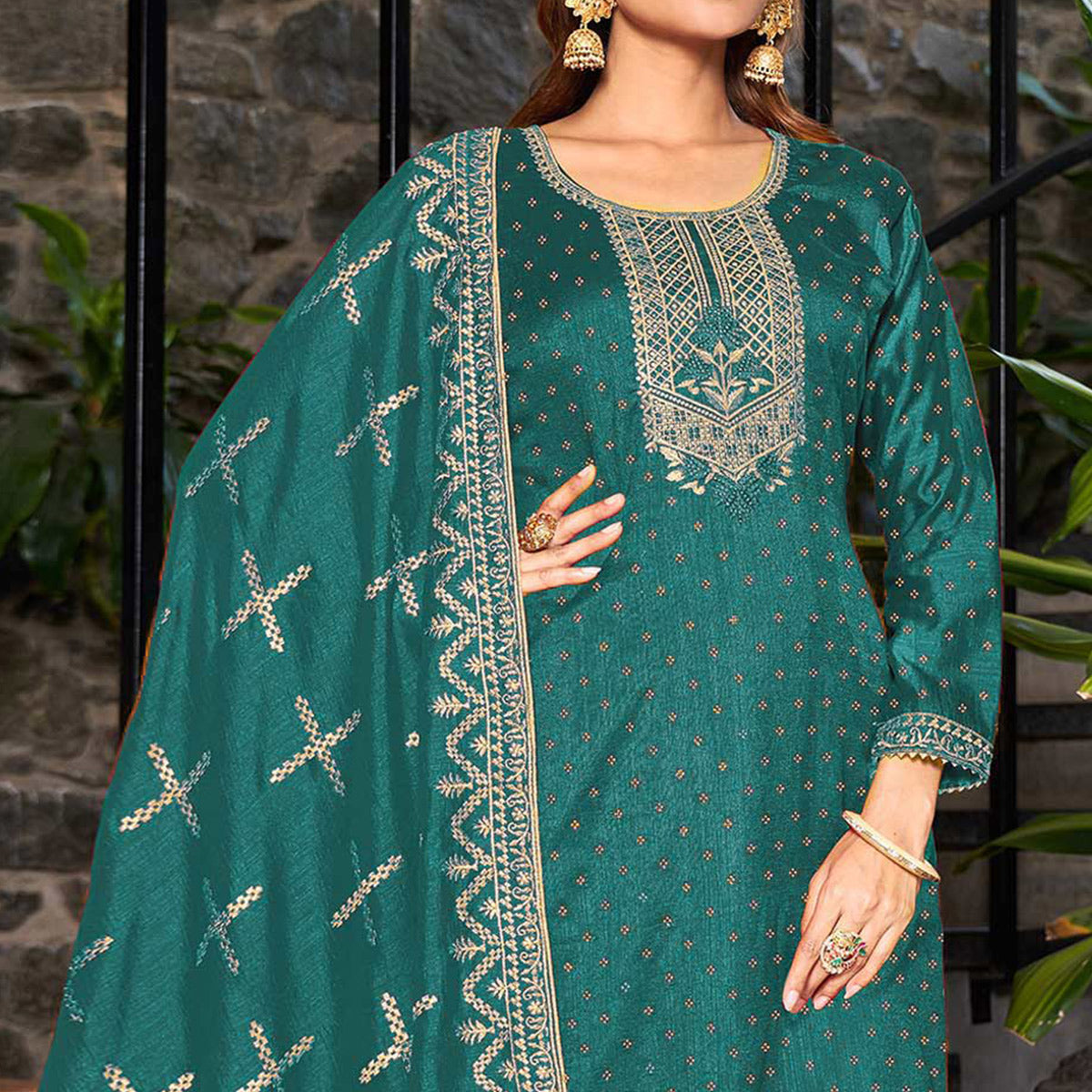 Green Embroidered Vichitra Silk Semi Stitched Salwar Suit