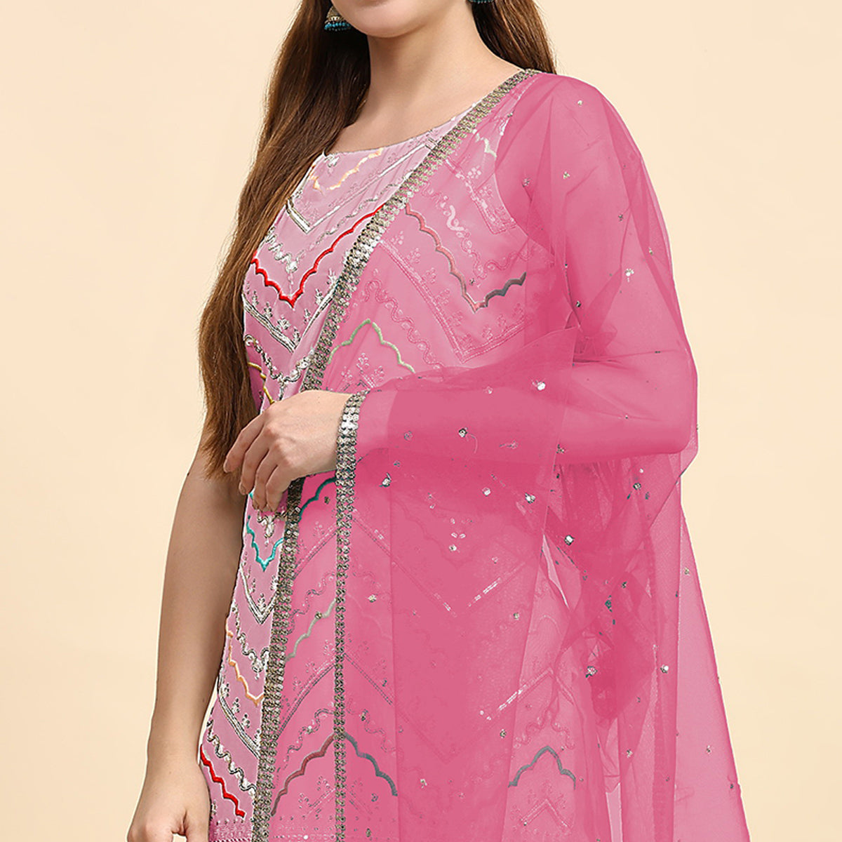 Pink Sequins Embroidered Georgette Semi Stitched Suit