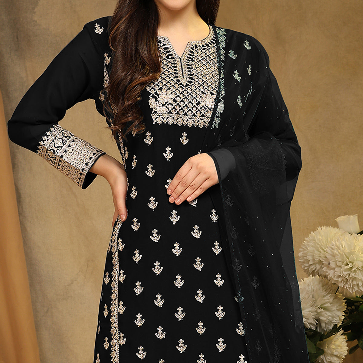 Black Floral Embroidered Georgette Semi Stitched Suit