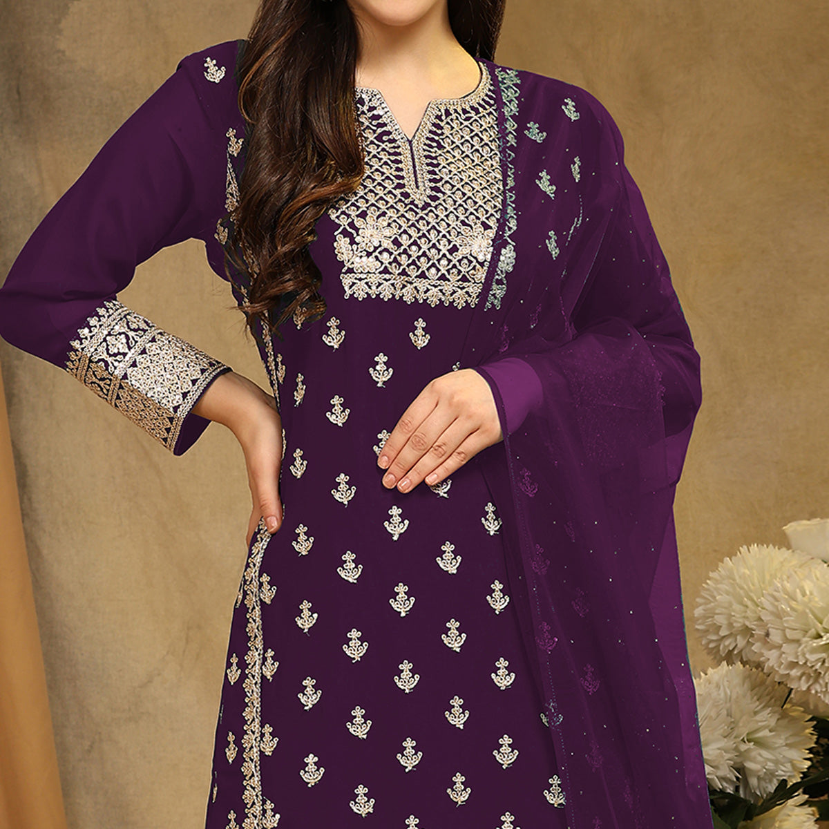 Purple Floral Embroidered Georgette Semi Stitched Suit