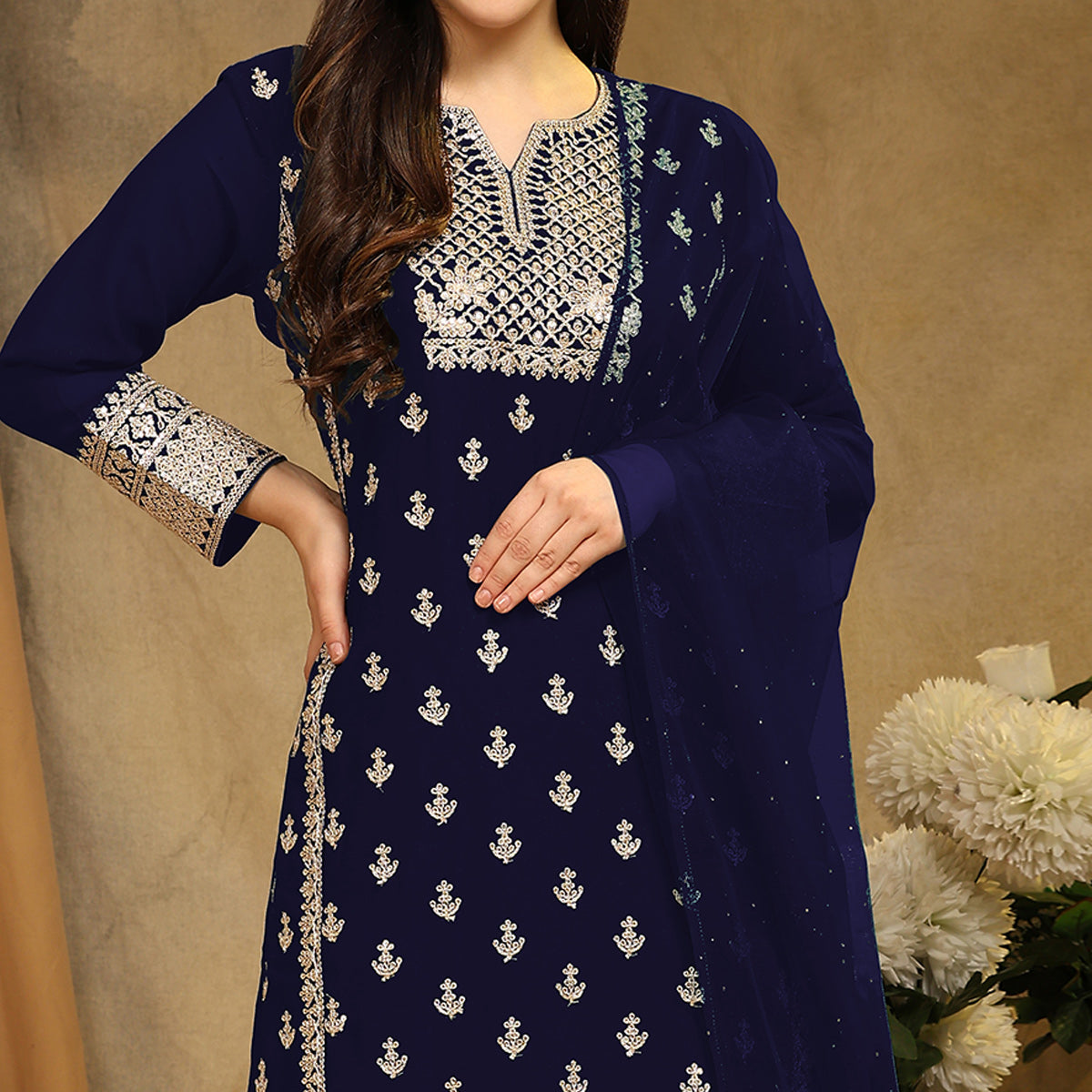 Blue Floral Embroidered Georgette Semi Stitched Suit