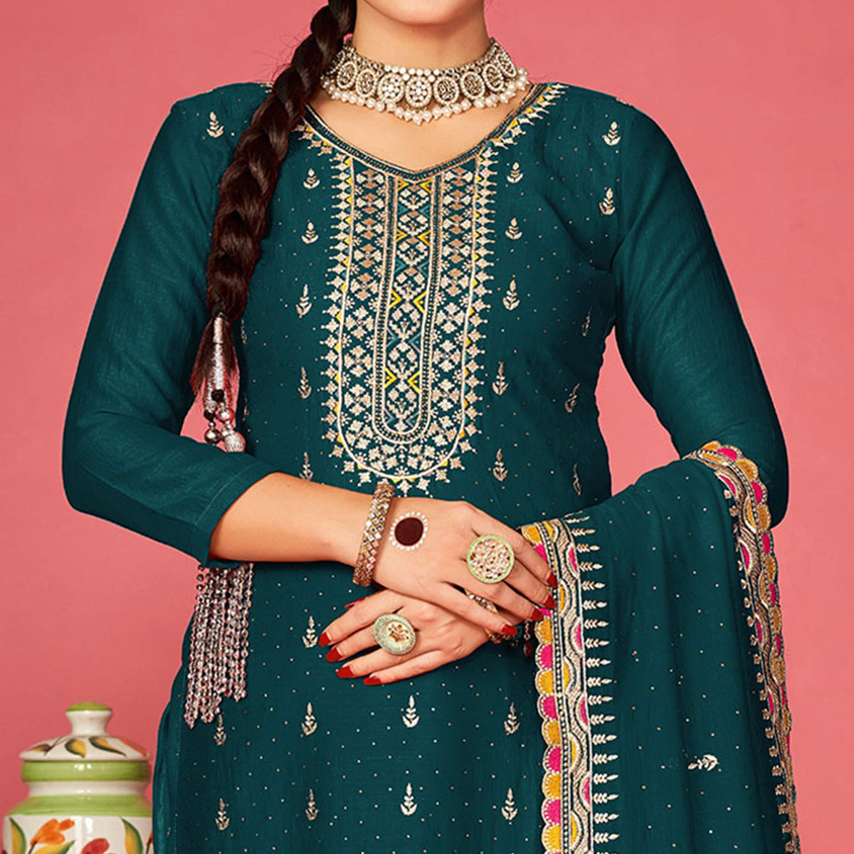 Teal Embroidered With Swarovski Vichitra Silk Semi Stitched Suit