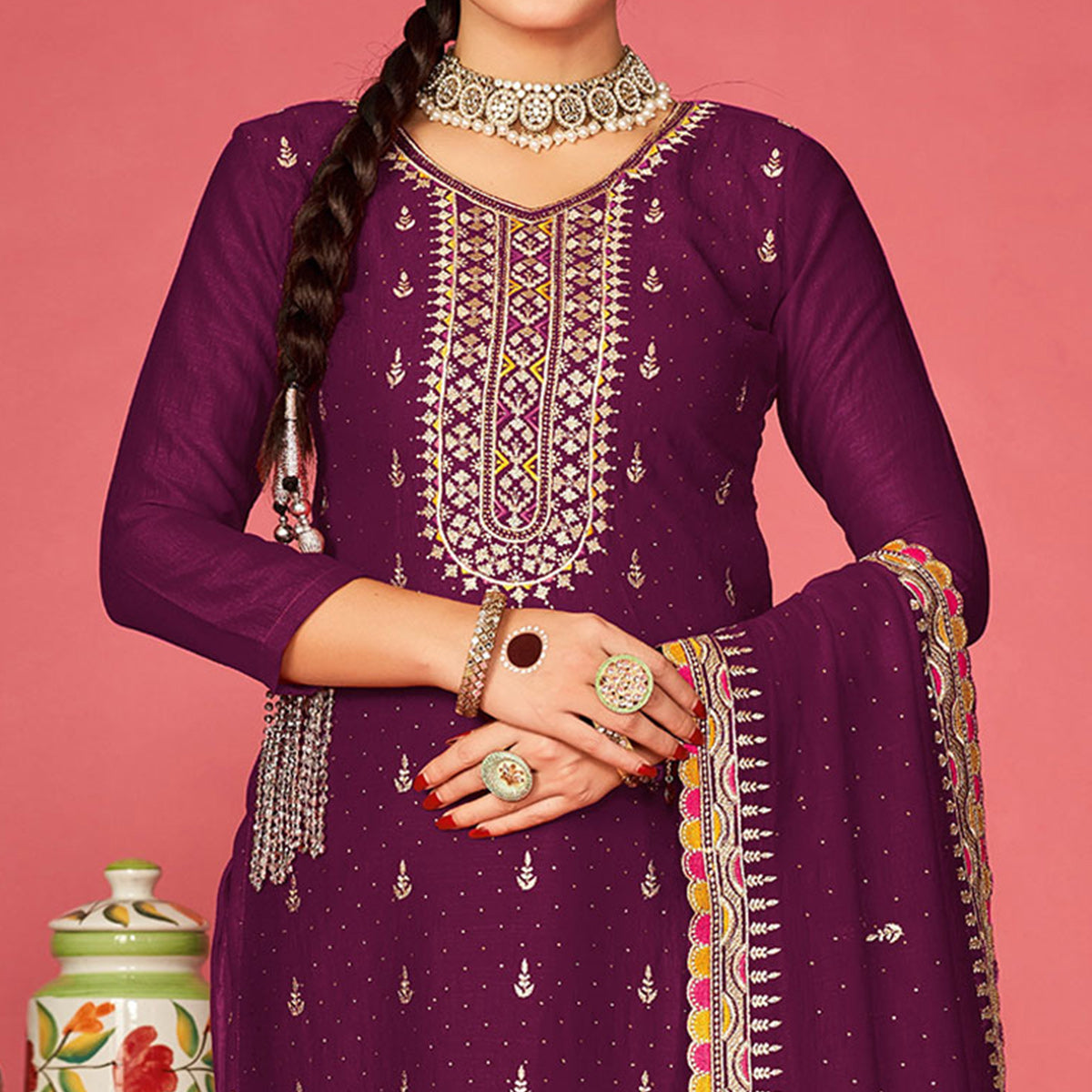 Purple Embroidered With Swarovski Vichitra Silk Semi Stitched Suit