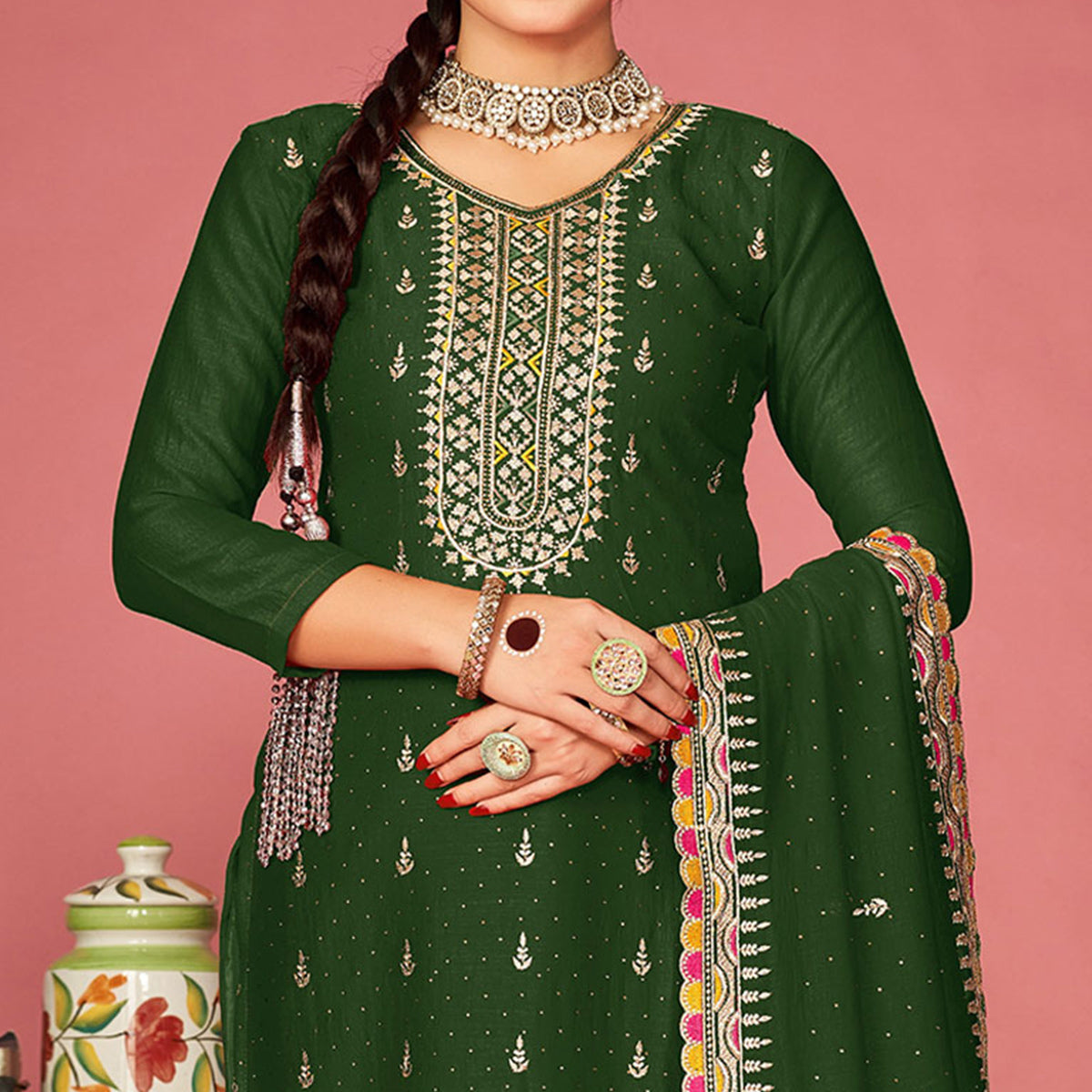 Green Embroidered With Swarovski Vichitra Silk Semi Stitched Suit