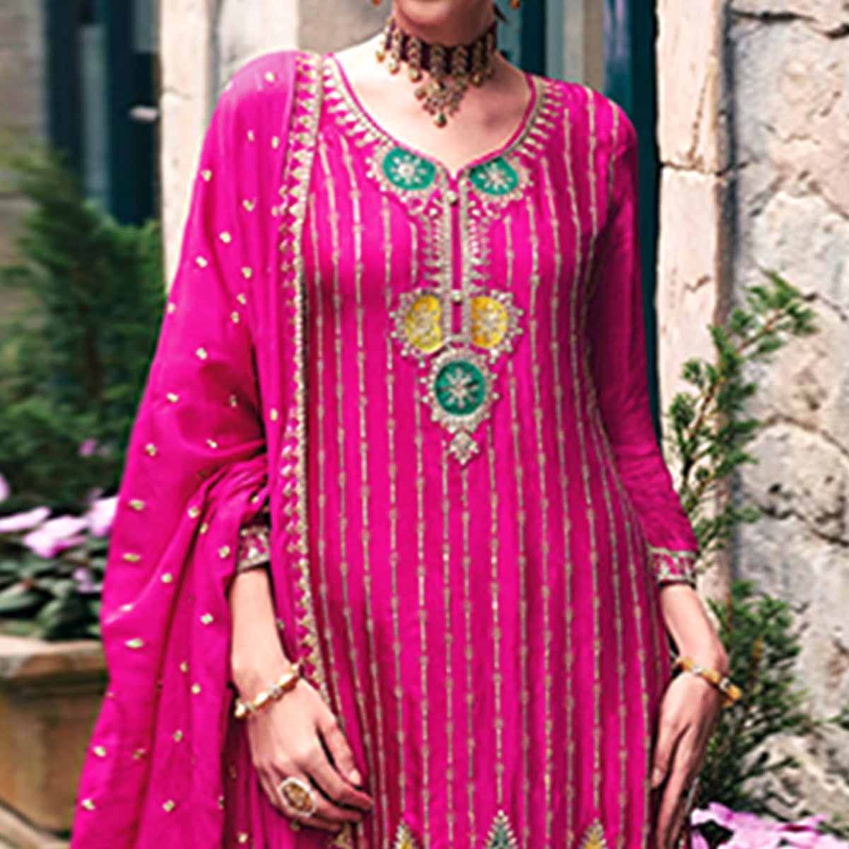 Pink Floral Embroidered Chinon Semi Stitched Suit