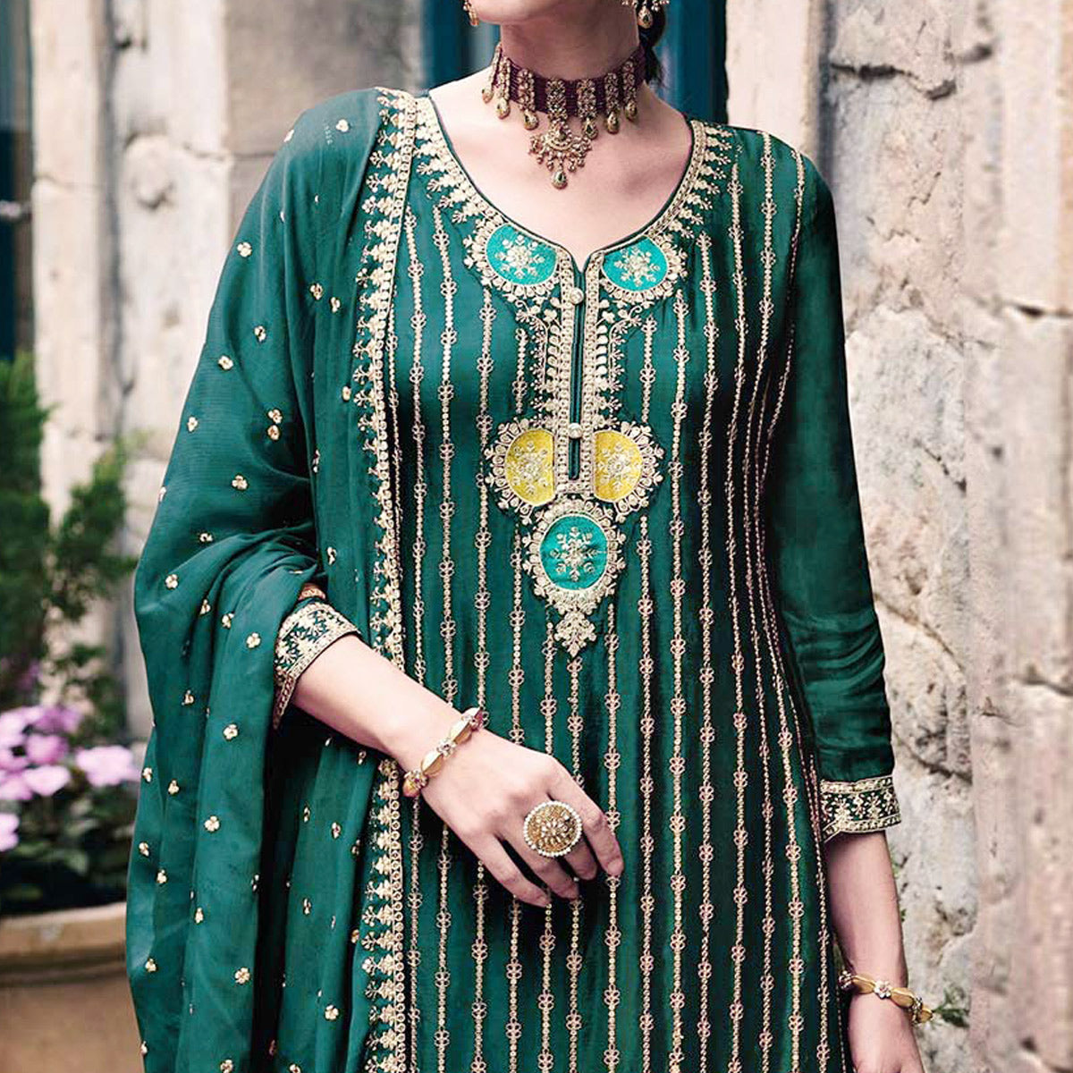 Green Floral Embroidered Chinon Semi Stitched Suit