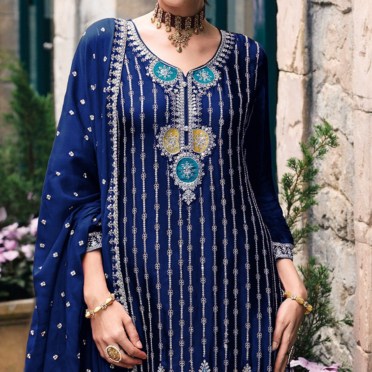 Blue Floral Embroidered Chinon Semi Stitched Suit