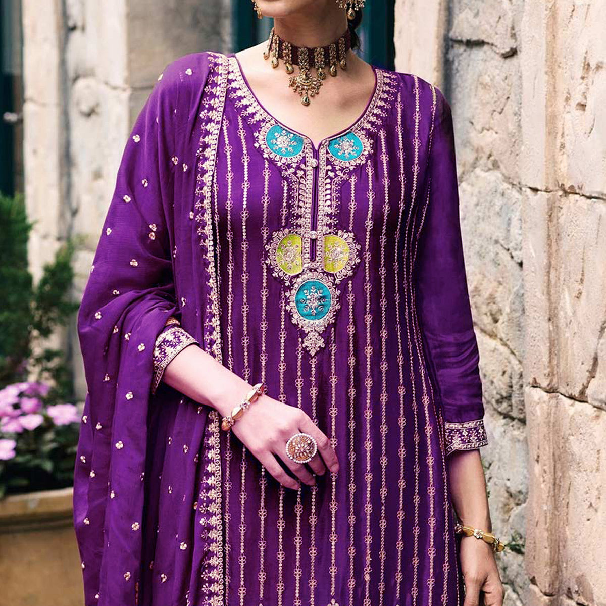 Purple Floral Embroidered Chinon Semi Stitched Suit