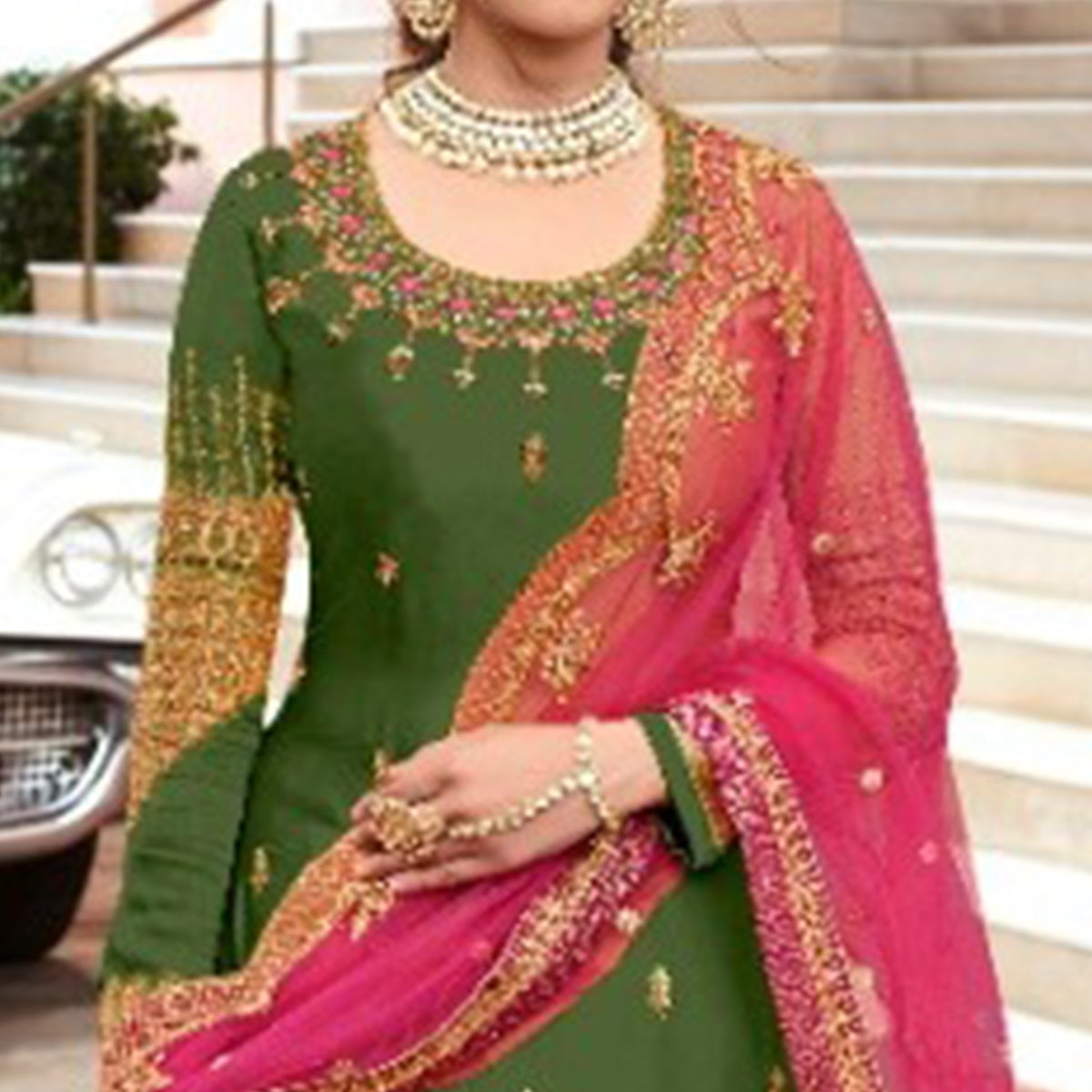 Green Embroidered Georgette Lehenga Kameez And Suit