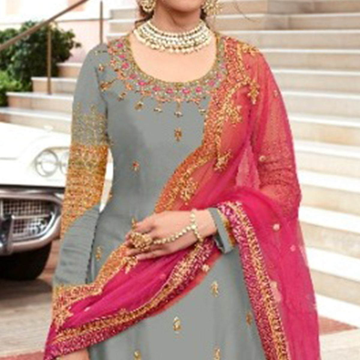 Grey Embroidered Georgette Lehenga Kameez And Suit