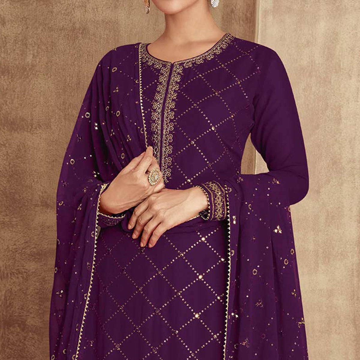 Purple Sequins Embroidered Georgette Semi Stitched Palazzo Suit