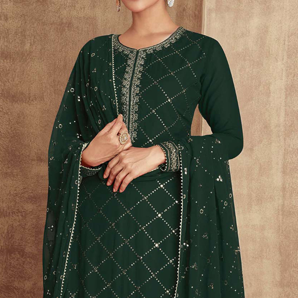 Green Sequins Embroidered Georgette Semi Stitched Palazzo Suit