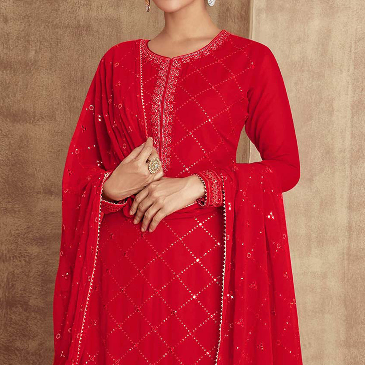 Red Sequins Embroidered Georgette Semi Stitched Palazzo Suit