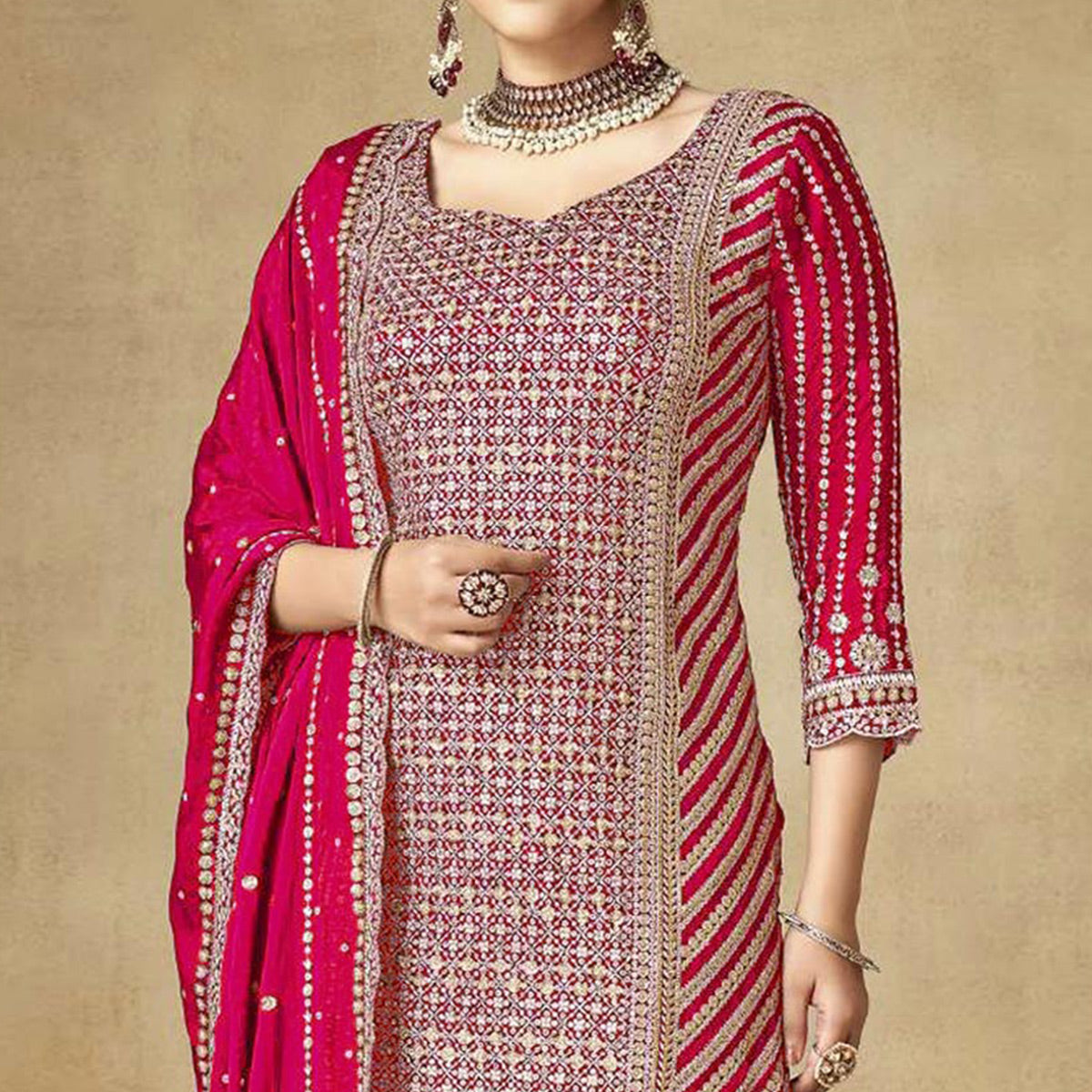 Pink Sequins Embroidered Chinon Semi Stitched Sharara Suit