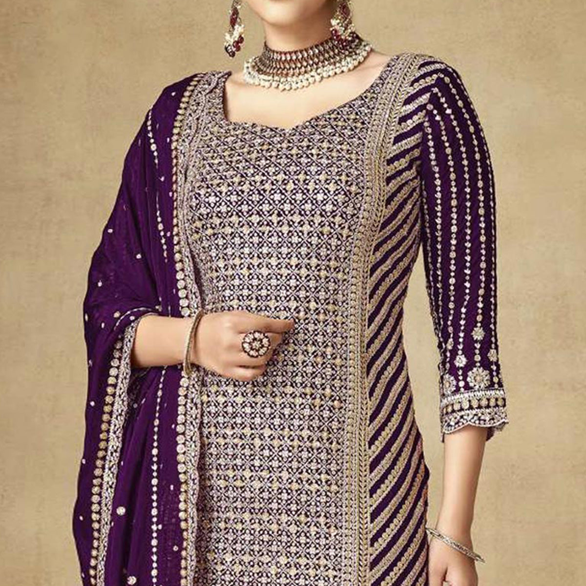 Purple Sequins Embroidered Chinon Semi Stitched Sharara Suit