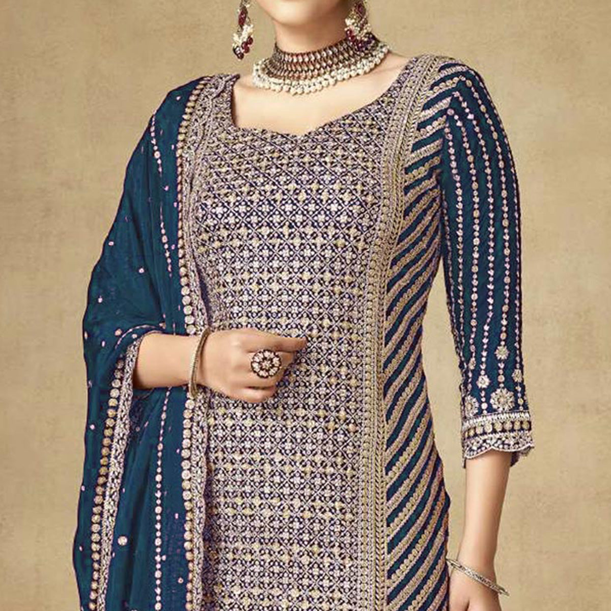 Blue Sequins Embroidered Chinon Semi Stitched Sharara Suit