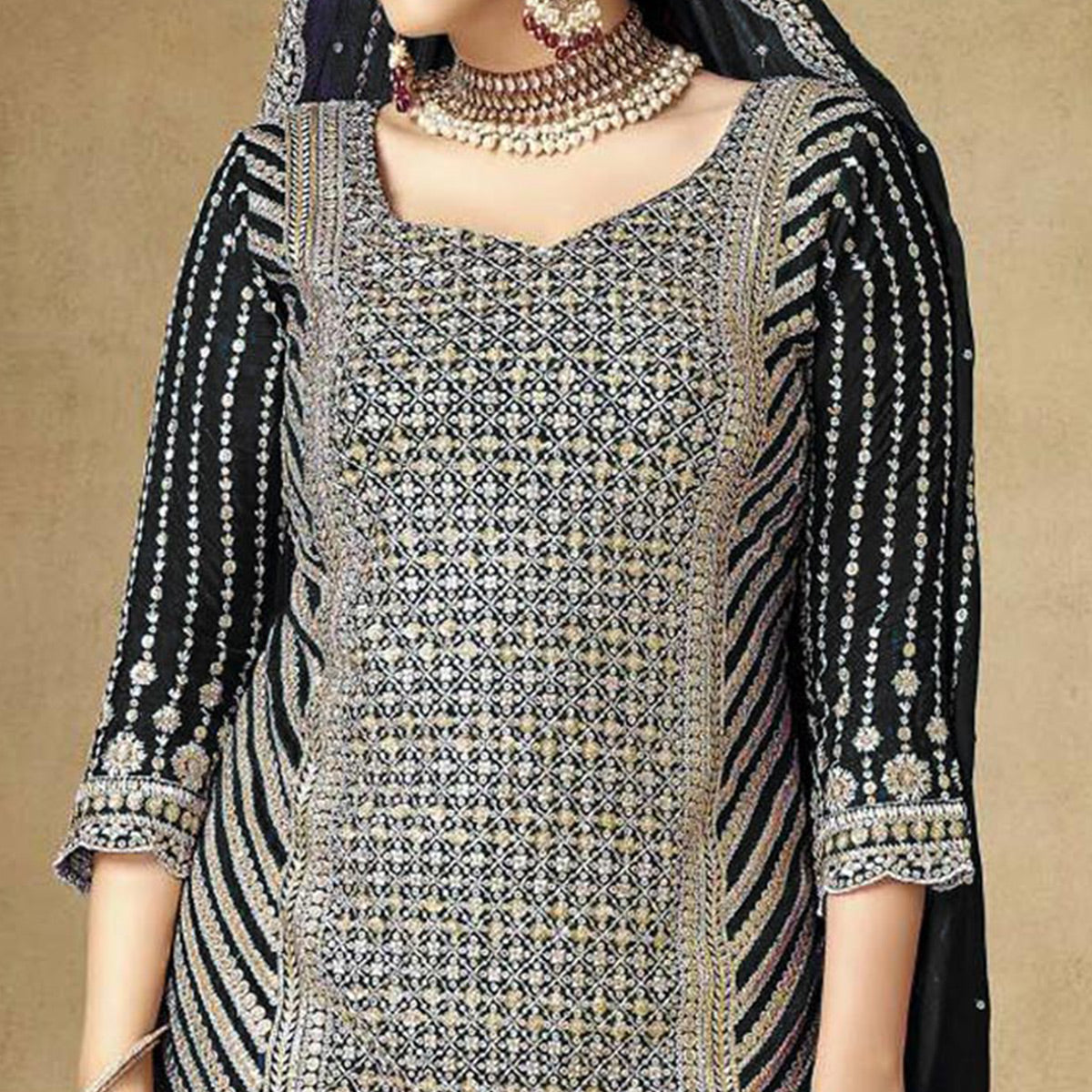 Black Sequins Embroidered Chinon Semi Stitched Sharara Suit