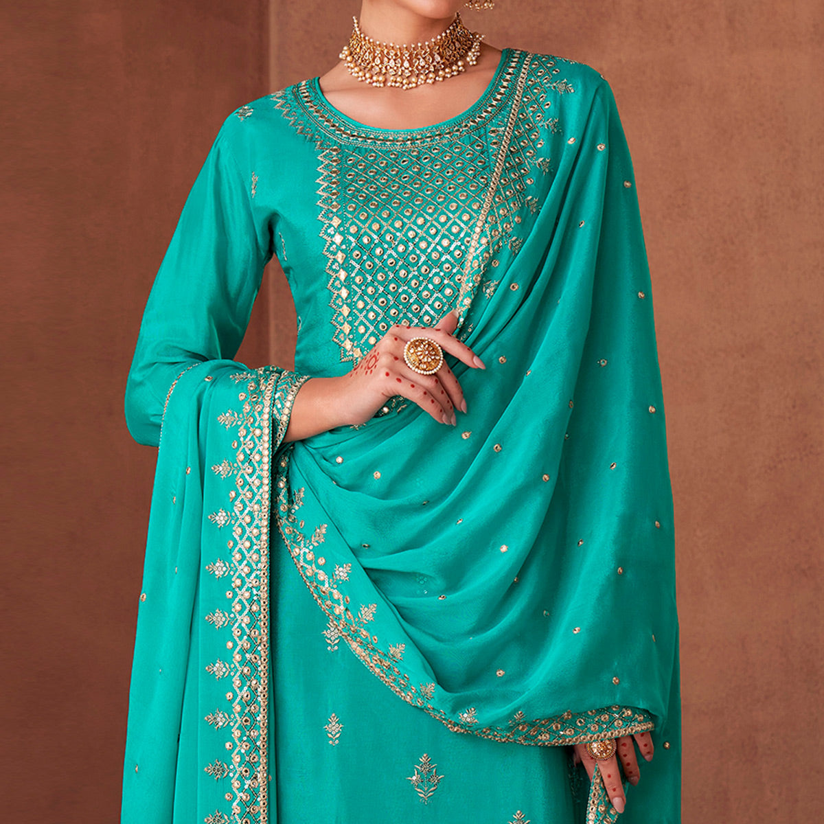 Turquoise Floral Sequins Embroidered Georgette Semi Stitched Palazzo Suit